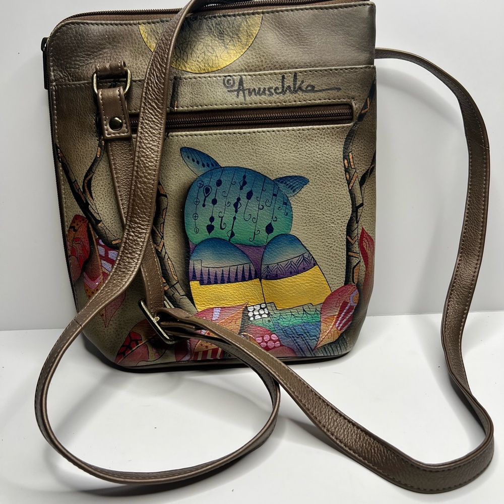 Anuschka Brown Crossbody Bag with Leather Trim and Metal Accents